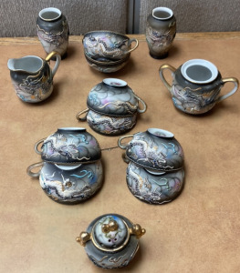 VINTAGE BLUE EYED DRAGON SATSUMA TEA SET (13 PIECE)