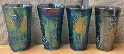 FOUR VINTAGE INDIANA BLUE GRAPE IRIDESCENT CUP SET