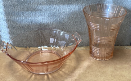 (1) VINTAGE PINK DEPRESSION GLASS CANDY DISH WITH HANDLES, (1) VINTAGE PINK DEPRESSION GLASS VASE BASKET WEAVE DESIGN