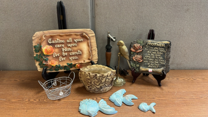 CLAY PINCH POT, (3) BLUE HANGING FISH, METAL BIRD FIGURE, AND MORE