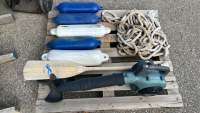 (5) BUOYS, WOODEN PADDLE, ROPE, ANCHOR AND BOLENS LEAF BLOWER ( NO GAS)