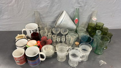 GLASS CUPS, FLUTES, BOTTLES, COFFEE MUGS AND MORE