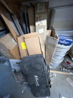 BOXES OF HARDWARE FOR MOUNTING DOORS INCLUDING LEVEL PASSAGES, HINGES, BRACKETS, PARTIAL & EMPTY 5 GALLON PAINT BUCKETS, 16”x16” AIR VENT COVERS, WOOD TRIM BOARDS AND 6’ LADDER (SHELVING NOT INCLUDED) - 4