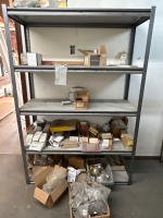 LARGE LOT WITH BOXES ANS BINS OF HARDWARE FOR DOORS INCLUDING HINGES, LATCHES, HANDLES, 2 WINDOW PANES WITH INTERNAL BLINDS ANS 1 SMALL/NARROW PANE (SHELVING NOT INCLUDED) - 6