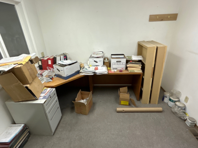 2 PIECE DESK (45”x45”x28” & 45”x25”x28”), 2 HEAVY WOOD SHELVES, METAL 3 DRAWER FILING CABINET AND VARIOUS OFFICE SUPPLIES