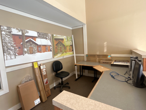 LARGE &lsquo;L&rsquo; SHAPED 3 PIECE DESK WITH KEYBOARD TRAY (30&rdquo;x30&rdquo;x30&rdquo;+48&rdquo;x48&rdquo;x30&rdquo;+60&rdquo;x30&rdquo;x30&rdquo;), 2 LARGE CANVAS WALL PICTURES, DELL MONITOR (NO POWER CORD-HAS HDMI AND MONITOR CABLE), PARTIAL BOX OF CARPET SQUARES, BOXES OF VARIOUS HARDWARE, ROLLING CHAIR AND A PA