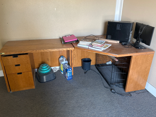 2 PIECE WOOD DESK (45&rdquo;x45&rdquo;28&rdquo;+45&rdquo;x25&rdquo;x28&rdquo;), MATCHING 3 DRAWER FILING CABINET (15&rdquo;x27&rdquo;x24&rdquo;), DELL COMPUTER WITH MONITOR, 2 MICE AND CORDS, COOKBOOKS, SMALL PET KENNEL, CAT TOY, LITTER, LITTER BOX, SCOOPER