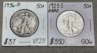 (1) 1936-P Walking Liberty Half Dollar, (1) 1923-S Walking Liberty Half Dollar