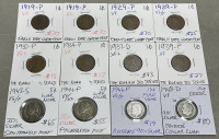 (8) Wheat Pennies Dated Between 1919-1939, (2) Nickels Dated 1943-1944, (2) 90% Silver Dimes Dated 1946-1948