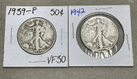 (1) 1939-P Walking Liberty Half Dollar, (1) 1942 Walking Liberty Half Dollar