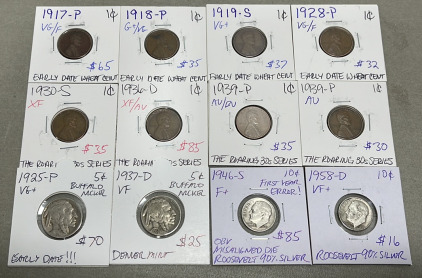 (8) Wheat Pennies Dated Between 1917-1939, (2) Buffalo Nickels Dated 1925-1937, (2) 90% Silver Dimes Dated 1946-1958