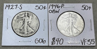 (1) 1927-S Walking Liberty Half Dollar, (1) 1946-P Walking Liberty Half Dollar OBW