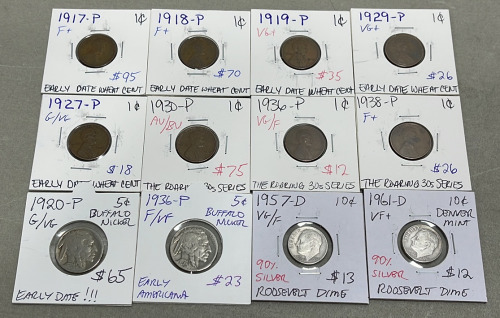 (8) Wheat Pennies Dated Between 1917-1938, (2) Buffalo Nickels Dated 1920-1936, (2) 90% Silver Dimes Dated 1957-1961