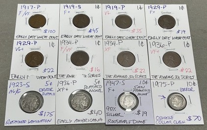 (8) Wheat Pennies Dated Between 1917-1936, (2) Buffalo Nickels Dated 1923-1936, (2) Dimes Dated 1947-1975