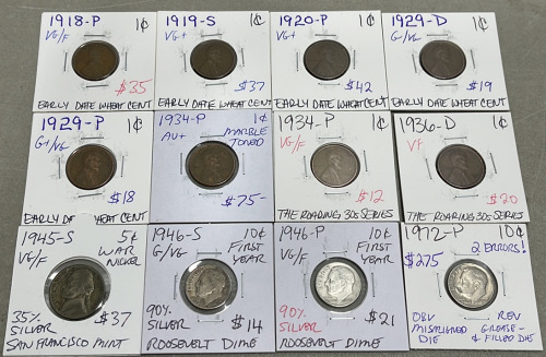(8) Wheat Pennies Dated Between 1918-1936, (1) Nickel Dated 1945, (3) Dimes Dated 1946-1972