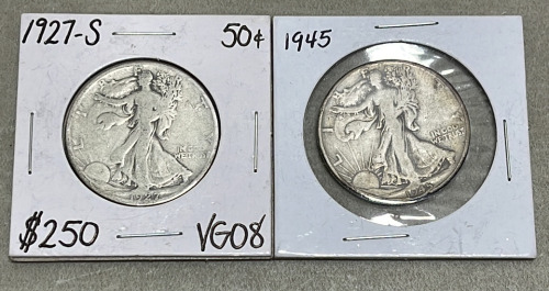 (1) 1927-S Walking Liberty Half Dollar, (1) 1945 Walking Liberty Half Dollar