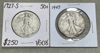 (1) 1927-S Walking Liberty Half Dollar, (1) 1945 Walking Liberty Half Dollar