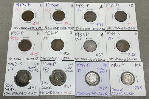 (8) Wheat Pennies Dated Between 1919-1939, (2) Nickels Dated 1943-1944, (2) Dimes Dated 1946-1966