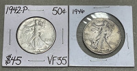 (1) 1942-P Walking Liberty Half Dollar, (1) 1946 Walking Liberty Half Dollar