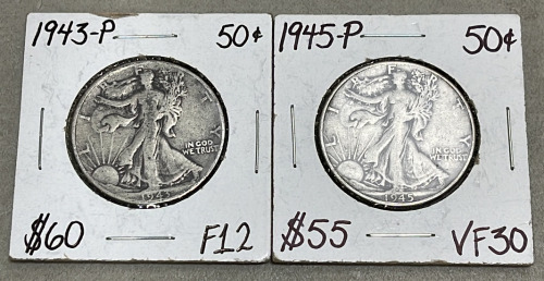 (1) 1943-P Walking Liberty Half Dollar, (1) 1945-P Walking Liberty Half Dollar