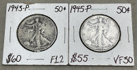 (1) 1943-P Walking Liberty Half Dollar, (1) 1945-P Walking Liberty Half Dollar