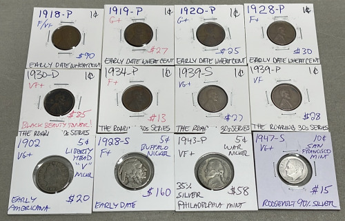 (8) Wheat Pennies Dated Between 1918-1939, (3) Nickels Dated Between 1902-1943, (1) Dime Dated 1947
