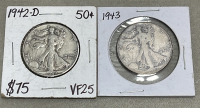 (1) 1942-D Walking Liberty Half Dollar, (1) 1943 Walking Liberty Half Dollar