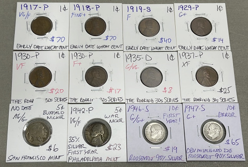 (8) Wheat Pennies Dated Between 1917-1937, (2) Nickels Dated 1942/No Date, (2) Dimes Dated 1946-1947