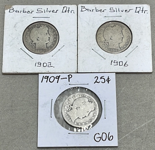 (3) Barber Silver Quarters Dated 1902, 1906, 1909-P Carded