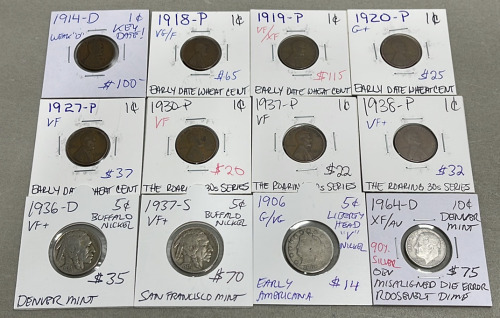(8) Wheat Pennies Dated Between 1914-1938, (3) Buffalo And Liberty Head Nickels Dated 1906-1937, (1) Dime Dated 1964