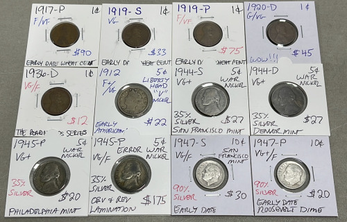 (4) Wheat Pennies Dated Between 1917-1936, (5) Nickels Dated 1912-1945, (2) Dimes Dated 1947