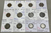 (4) Wheat Pennies Dated Between 1917-1936, (5) Nickels Dated 1912-1945, (2) Dimes Dated 1947