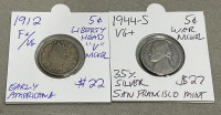 (4) Wheat Pennies Dated Between 1917-1936, (5) Nickels Dated 1912-1945, (2) Dimes Dated 1947 - 4