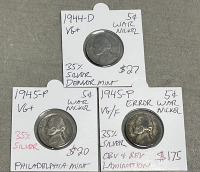 (4) Wheat Pennies Dated Between 1917-1936, (5) Nickels Dated 1912-1945, (2) Dimes Dated 1947 - 5