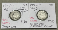 (4) Wheat Pennies Dated Between 1917-1936, (5) Nickels Dated 1912-1945, (2) Dimes Dated 1947 - 6