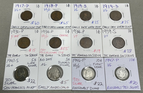 (8) Wheat Pennies Dated Between 1917-1939, (2) Nickels Dated 1943, (2) Dimes Dated 1946-1946