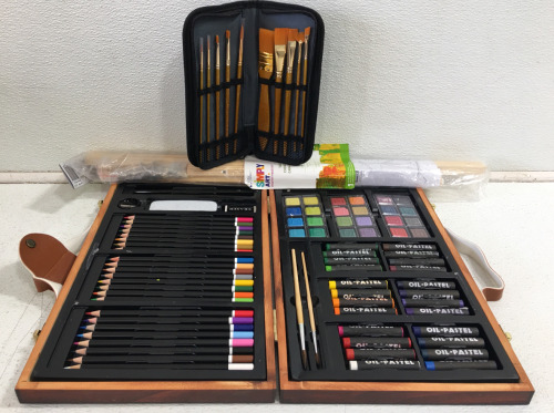 (1) U.S. Art Supply 82-Piece Deluxe Artist Studio Creativity Set Wood Box Case (1) 10 Piece Brush Set With Case (1) Simply Art Table Easel 18&rdquo;