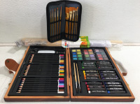 (1) U.S. Art Supply 82-Piece Deluxe Artist Studio Creativity Set Wood Box Case (1) 10 Piece Brush Set With Case (1) Simply Art Table Easel 18&rdquo;