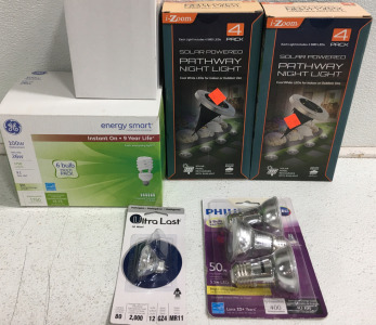 (2) I-Zoom 4-Pk Solar Powered Pathway Night Light (1) Ultra Last Halogen MR11 (1) 3-Pk Philips 50w PARI6L (1) 3-Pk GE CFL Bulbs