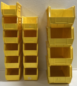 (4) Large Yellow Stacking Storage Bins, (11) Smaller Yellow Stacking Storage Bins