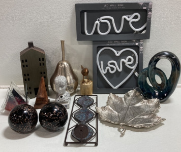 (2) Love LED Wall Signs, (2) Black Glass Decor Balls, (1) Silver Leaf Tray, (1) Wall Sconce Candle Holder, (7) Assorted Decor Knick Knacks