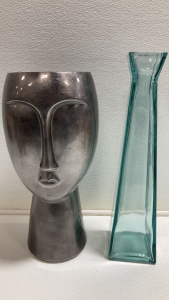 (1) Large Dark Silver Face Vase, (1) Large Glass Vase