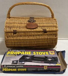 Wicker Picnic Basket w/ Accessories, Propane Camp Stove