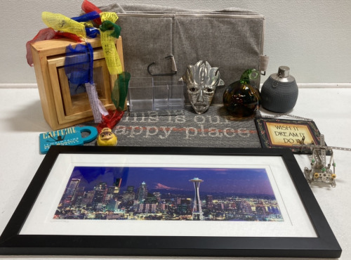 Framed Seattle Skyline, Hanging Closet Cubby, (3) Wood Square Wall Shelves, Small Doormat, Oil Candle Holder, and more