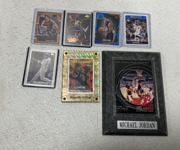 (5) NBA Cards Including Players Like Shaq Topps All Rookie, Gary Payton, Kevin Love, (1) MLB Ken Griffey Jr. Topps Card, (1) Upper Deck Company Michael Jordan Game 2 91 Finals Plaque