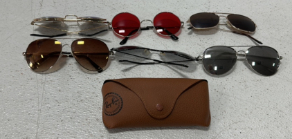 (6) Pairs Of Aviator Style Sun Glasses, (1) Ray Bans Glasses Case