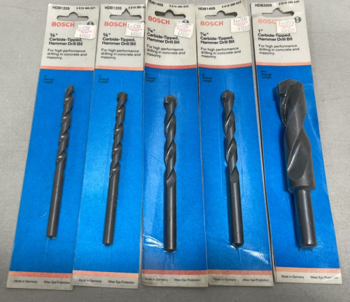 (5) Bosch Carbide-Tipped Hammer Drill Bits Sizes 3/8, 7/16, 1”