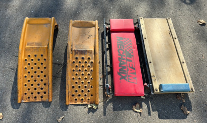 (2) Yellow Metal Car Tire Ramps, (1) 36&rsquo;&rsquo; Cushioned Team Mechanix Car Creeper, (1) Wooden Head Cushion 36&rsquo;&rsquo; Car Creeper