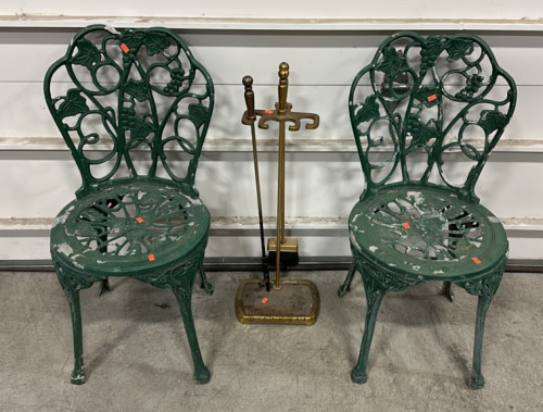 (2) Green Metal Patio Chairs, (1) Stove Furnace Stoke And Brush Set