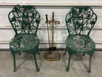 (2) Green Metal Patio Chairs, (1) Stove Furnace Stoke And Brush Set